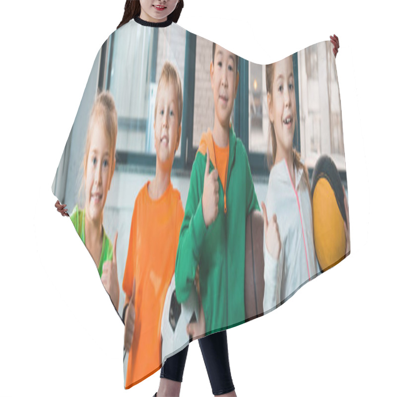 Personality  Front View Of Happy Multicultural Children Holding Balls In Gym, Panoramic Shot Hair Cutting Cape