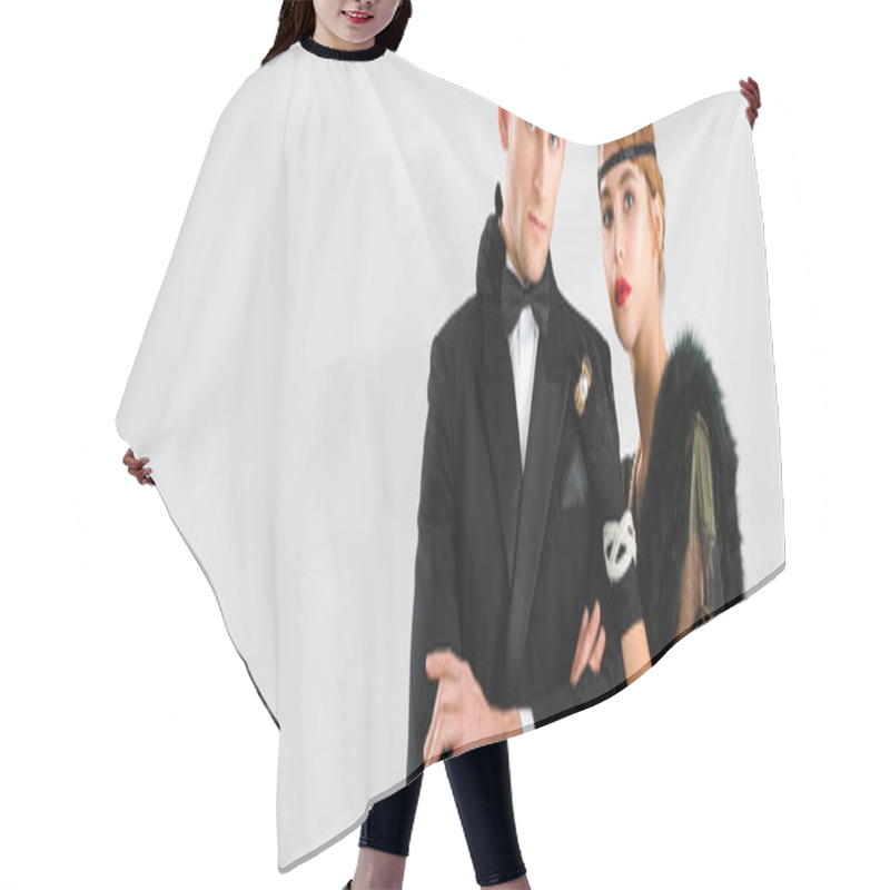 Personality  Panoramic Shot Of Handsome Man In Suit Standing With Aristocratic Woman Isolated On White Hair Cutting Cape