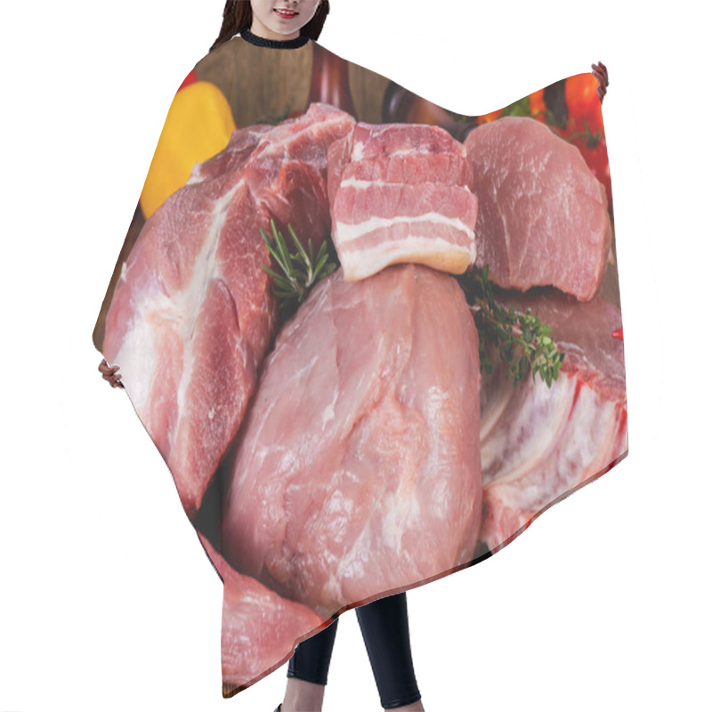 Personality  Raw Pork Meat Over Wooden Background Hair Cutting Cape