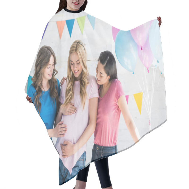 Personality  Multicultural Friends And Pregnant Woman Touching Belly At Baby-party Hair Cutting Cape