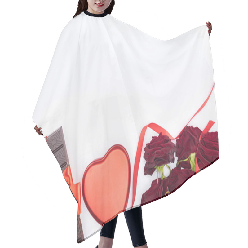 Personality  Top View Of Chocolate Wrapped By Festive Ribbon, Red Roses And Heart Shaped Gift Box Isolated On White, St Valentine Day Concept Hair Cutting Cape