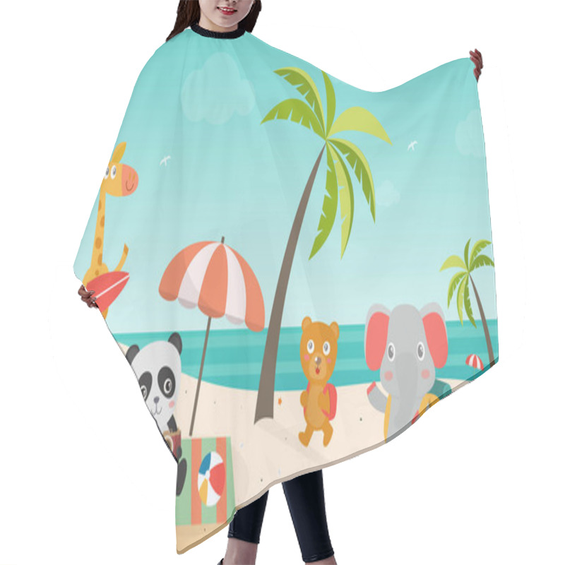 Personality   Summer Cute Animal ,A Panda Sitting At The Sea Holding A Camera, A Giraffe Holding A Surfboard,Bears And Elephants Carrying Bags Walking On The Beach, Animal Happy Summer Vacation,Vector Illustrator. Hair Cutting Cape