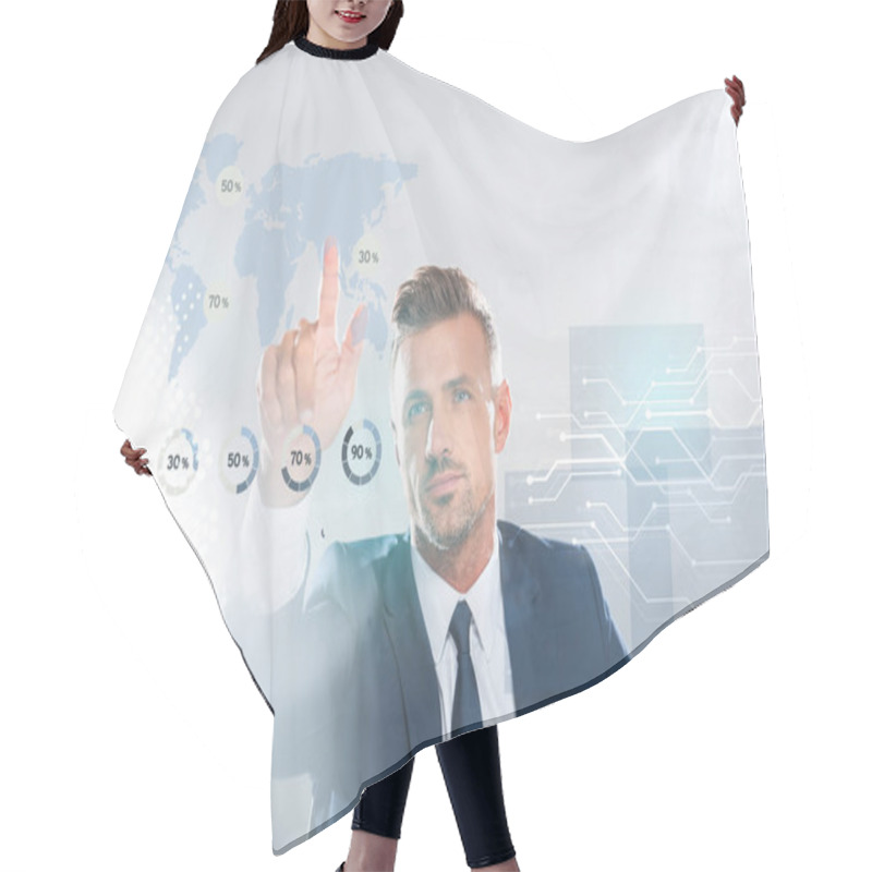 Personality  Handsome Businessman Touching Business Icons With Finger Isolated On White, Artificial Intelligence Concept Hair Cutting Cape