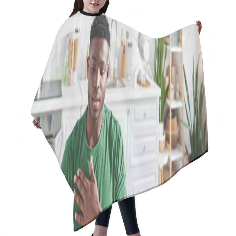 Personality  African American Man In Green T-shirt Using Sign Language For Online Communication, Banner Hair Cutting Cape