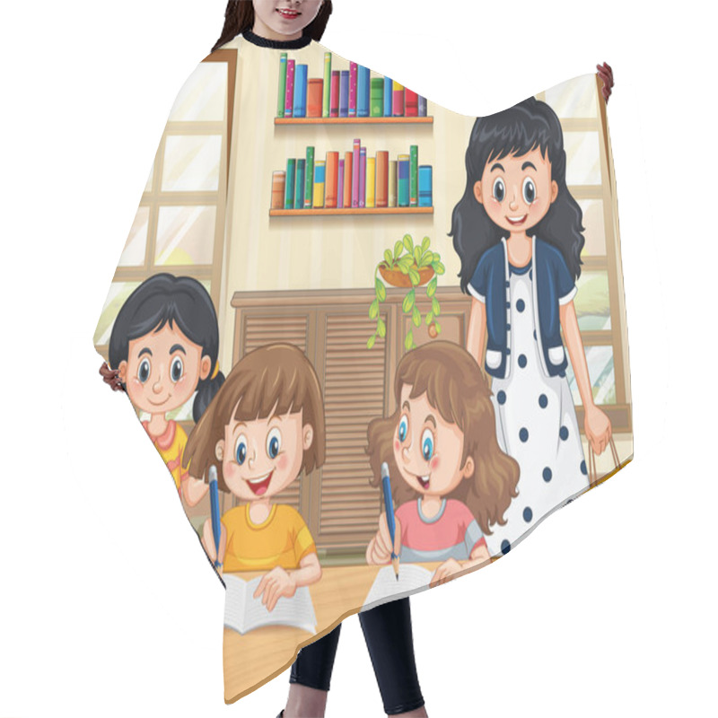 Personality  Children Learning At Home Illustration Hair Cutting Cape