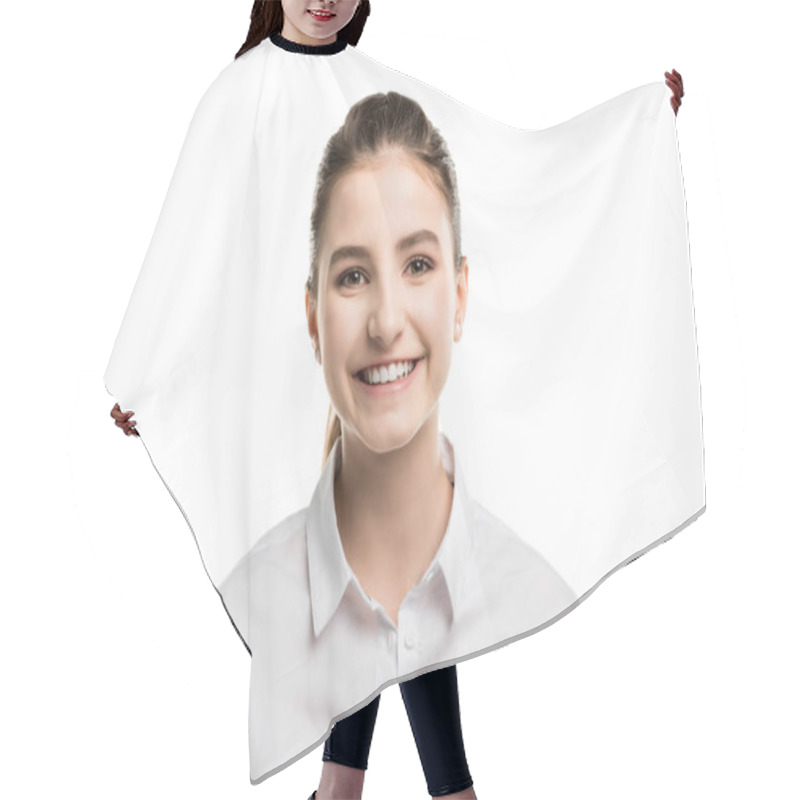 Personality  Cheerful Caucasian Teenage Girl Hair Cutting Cape