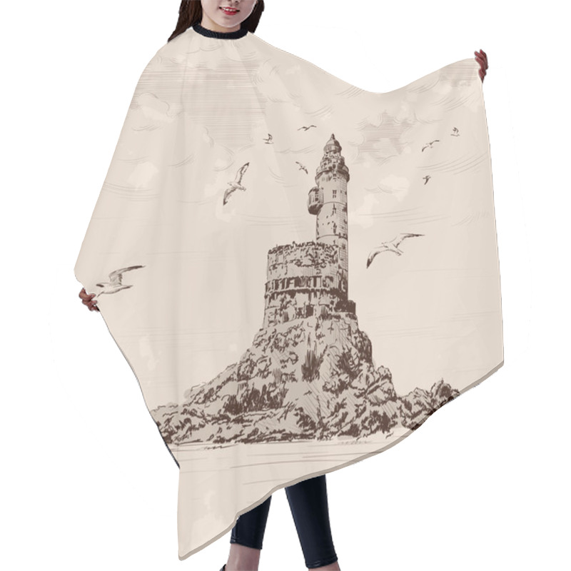 Personality  Lighthouse On The Rocky Seashore. Seagulls Fly Over The Cliff. Hand Drawing On A Beige Background. Hair Cutting Cape