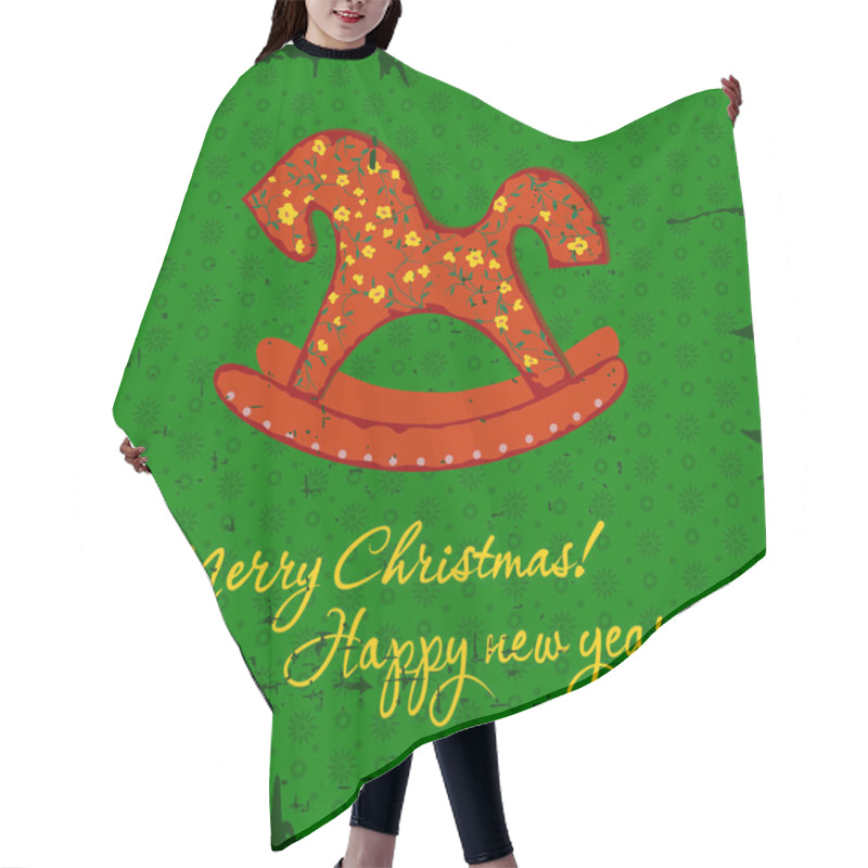 Personality  New Year And Christmas Card With Rocking Toy Horse Hair Cutting Cape