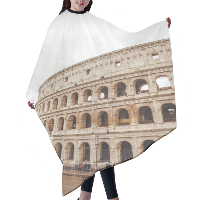 Personality  ROME, ITALY - 10 MARCH 2018: Colosseum Ruins With Tourists Passing By On Cloudy Day Hair Cutting Cape