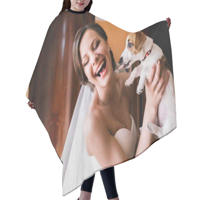 Personality  Pretty Bride Has Fun While She Plays With A Dog Hair Cutting Cape