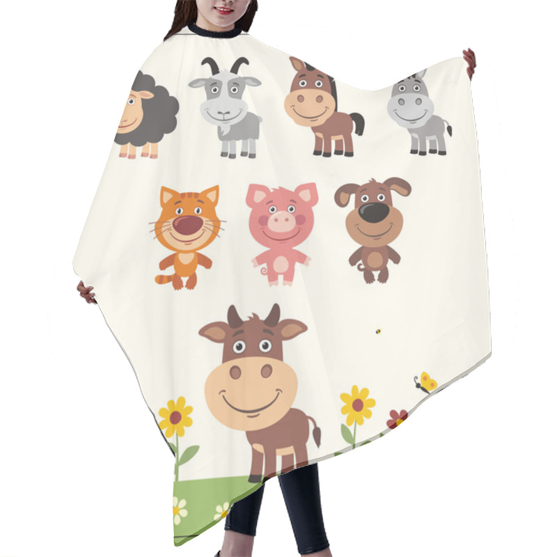 Personality  Collection Of Farm Animals In Cartoon Style On Summer Meadow  Hair Cutting Cape