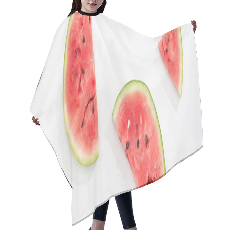 Personality  Panoramic Shot Of Fresh Natural Watermelon Slices On White Background Hair Cutting Cape