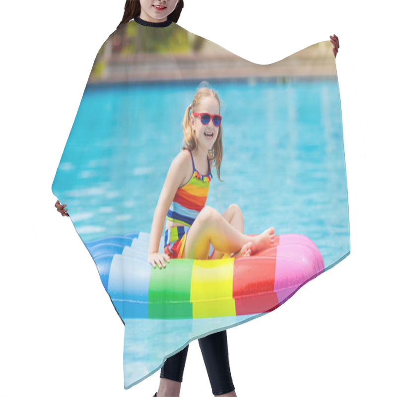 Personality  Happy Child On Inflatable Ice Cream Float In Outdoor Swimming Pool Of Tropical Resort. Summer Vacation With Kids. Swim Aids And Wear For Children. Water Toys. Little Girl Floating On Colorful Raft. Hair Cutting Cape