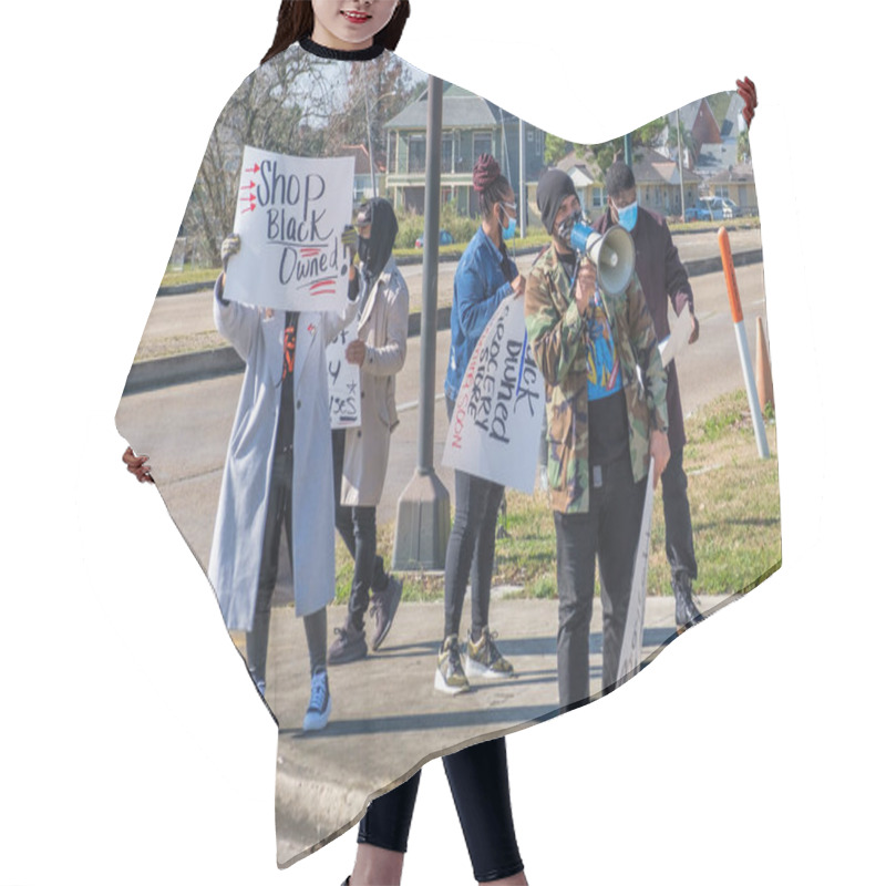 Personality  NEW ORLEANS, LA - JANUARY 9, 2021: Demonstrators Calling For Boycott Of Rouse's Grocery Chain After Owner Attended Trump Rally That Turned Into Riot Hair Cutting Cape