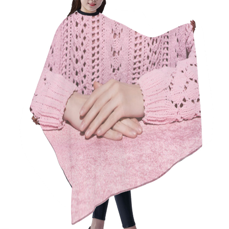 Personality  Cropped View Of Woman With Clenched Hands On Velour Pink Cloth, Girlish Concept  Hair Cutting Cape