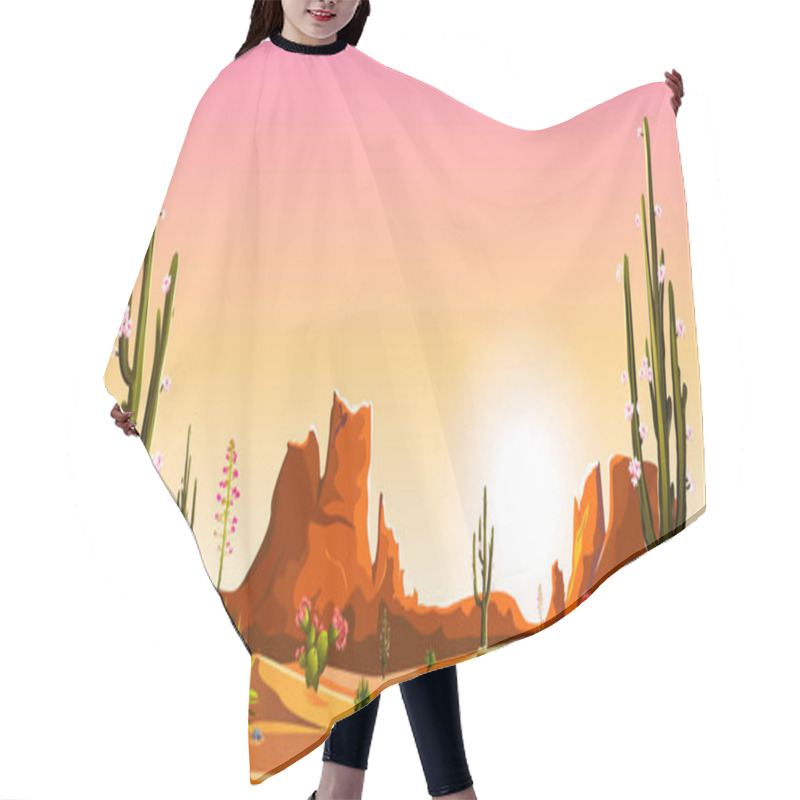 Personality  Mexican Desert. Blooming Cacti. The Mountains. Sunset. Landscape. Saguaro Cactus Hair Cutting Cape