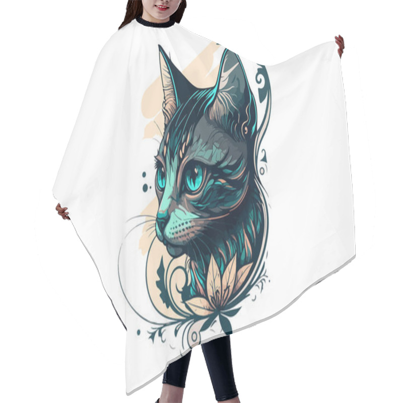 Personality  Cat Tattoo Black And White Vector Illustration Hair Cutting Cape