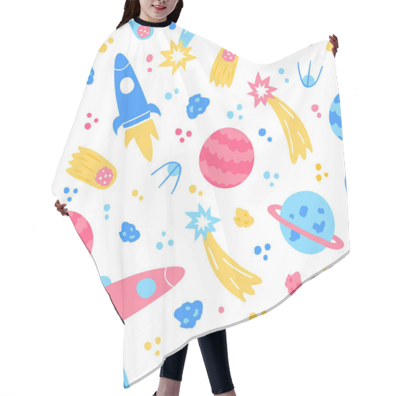 Personality  Space Children Seamless Pattern. Rocket, Shooting Stars, Planet, Comet, Satellite. Hair Cutting Cape