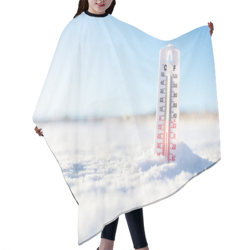 Personality  Thermometer In The Snow With Sub Zero Minus Temperature Concept For Winter Hair Cutting Cape