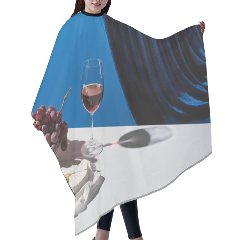 Personality  Classic Still Life With Fruits, Red Wine And Camembert Cheese On White Table Near Velour Curtain Isolated On Blue Hair Cutting Cape