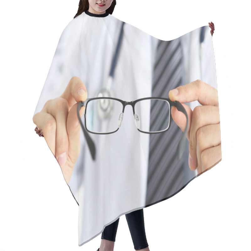 Personality  Male Medicine Doctor Hands Giving Pair Of Black Glasses Hair Cutting Cape