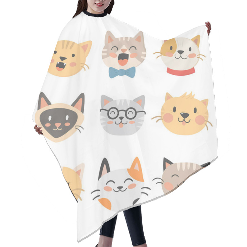 Personality  Cats Heads Vector Illustration Cute Animal Funny Decorative Characters Feline Domestic Trendy Pet Drawn Hair Cutting Cape