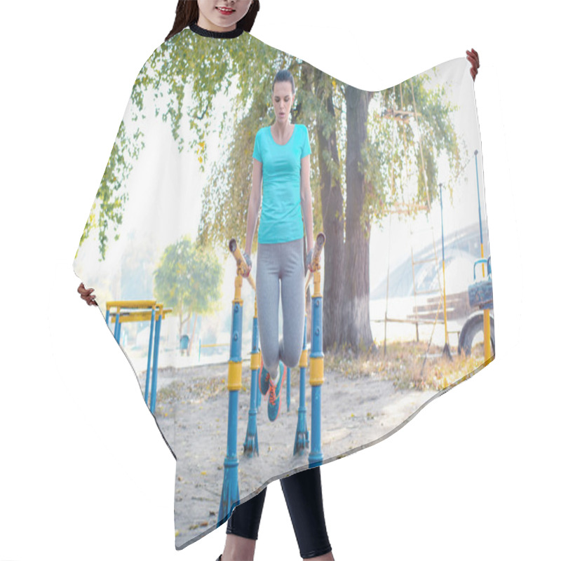 Personality  Sporty Woman Exercising On Parallel Bars Hair Cutting Cape