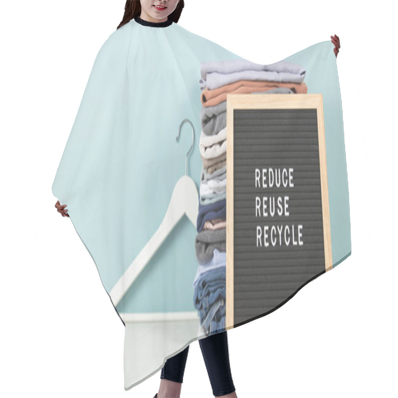 Personality  Black Letter Box And Stack Of Folded Clothes On Blue Background, Reduce,reuse,recycle Quote. Zero Waste Sustainable Lifestyle. Plastic Free Concept. Hair Cutting Cape