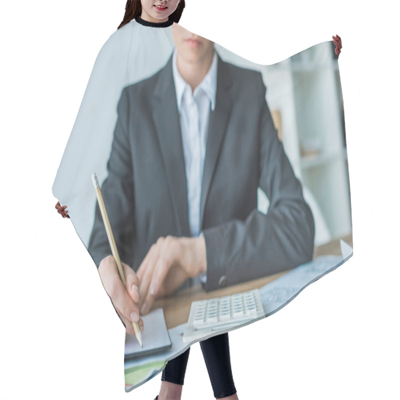 Personality  Cropped Image Of Financier Writing Something To Notebook In Office Hair Cutting Cape