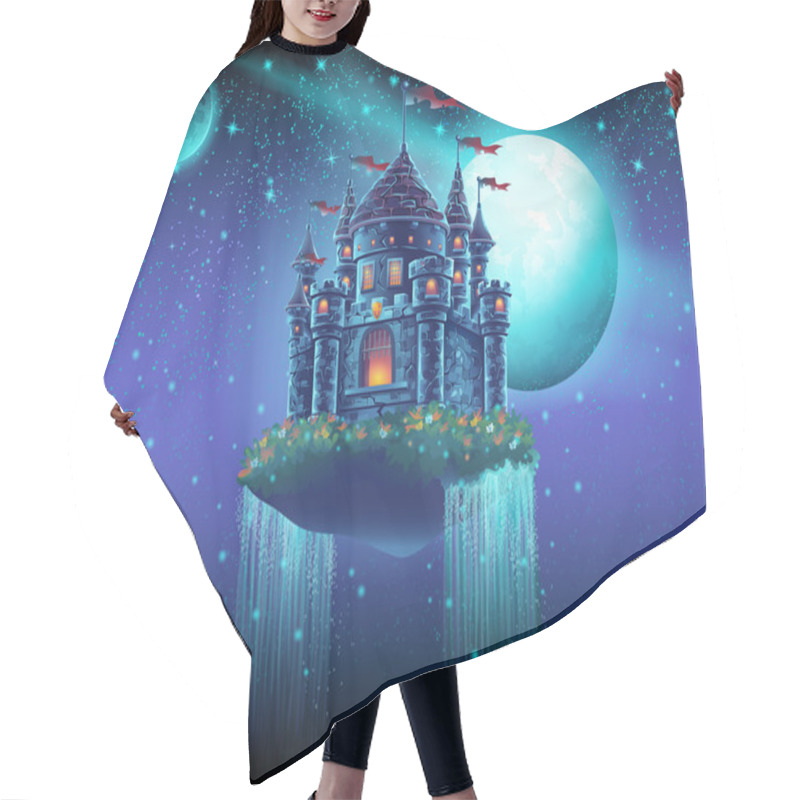 Personality  Illustration Of A Flying Castle Space With Waterfalls On The Background Of Stars And Planets Hair Cutting Cape