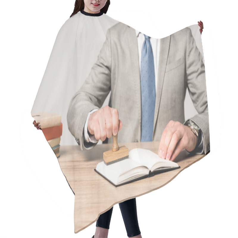 Personality  Partial View Of Lawyer Putting Stamp In Notebook Isolated On Grey Hair Cutting Cape