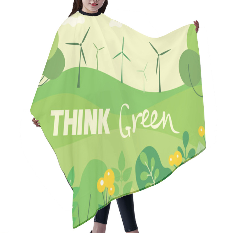 Personality  Vector Illustration Of Think Green Poster With Windmills Hair Cutting Cape