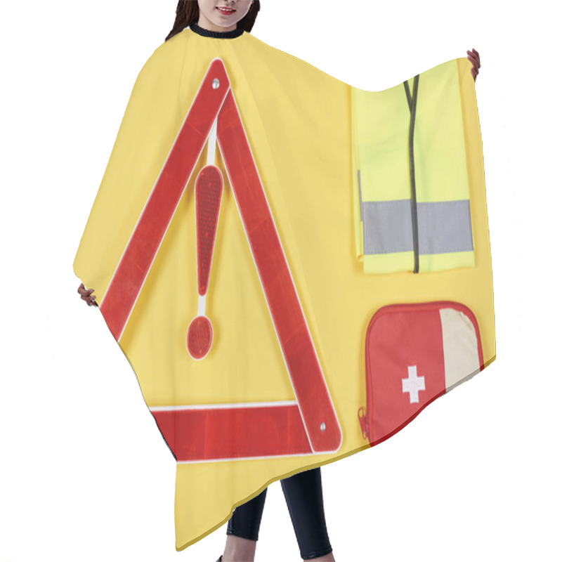 Personality  Top View Of Warning Triangle Road Sign, First Aid Kit And Reflective Vest Isolated On Yellow Hair Cutting Cape