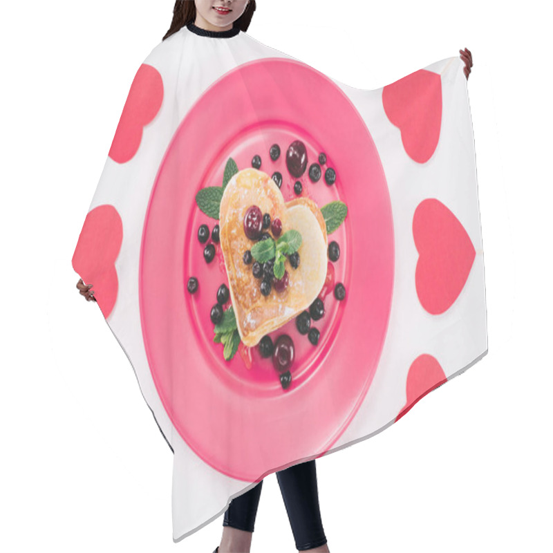 Personality  Top View Of Heart Shaped Pancake With Berries Isolated On White, Valentines Day Concept Hair Cutting Cape