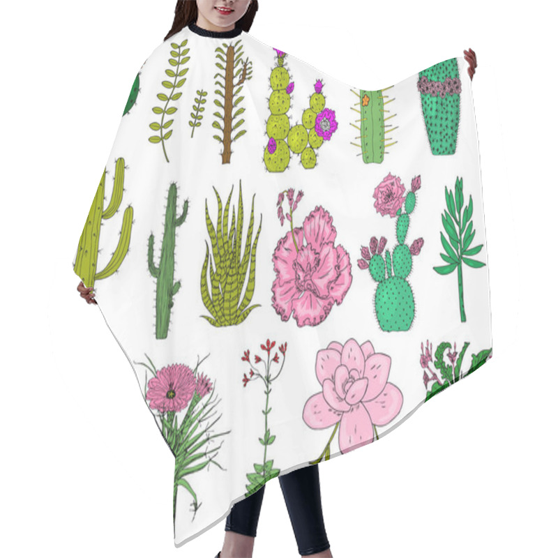 Personality  Home Cactus Plants And Flowers. Set Of Cozy Cute Elements. Collection Of Exotic Or Tropical Succulents With Prickles. Engraved Hand Drawn In Old Sketch And Vintage Doodle Style. Hair Cutting Cape