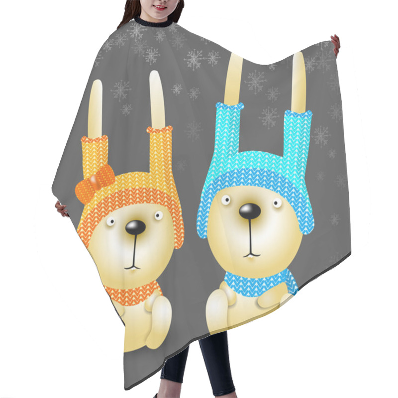 Personality  Two Christmas Rabbits In Hats. Hair Cutting Cape