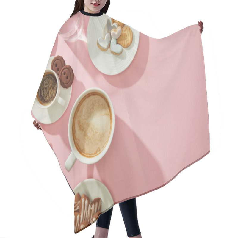 Personality  Top View Of Coffee, Glass Of Water And Delicious Cookies On Pink Background With Copy Space Hair Cutting Cape