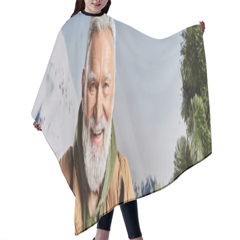 Personality  Joyful Santa With White Beard Smiling At Camera With Mountains Backdrop, Winter Concept, Banner Hair Cutting Cape