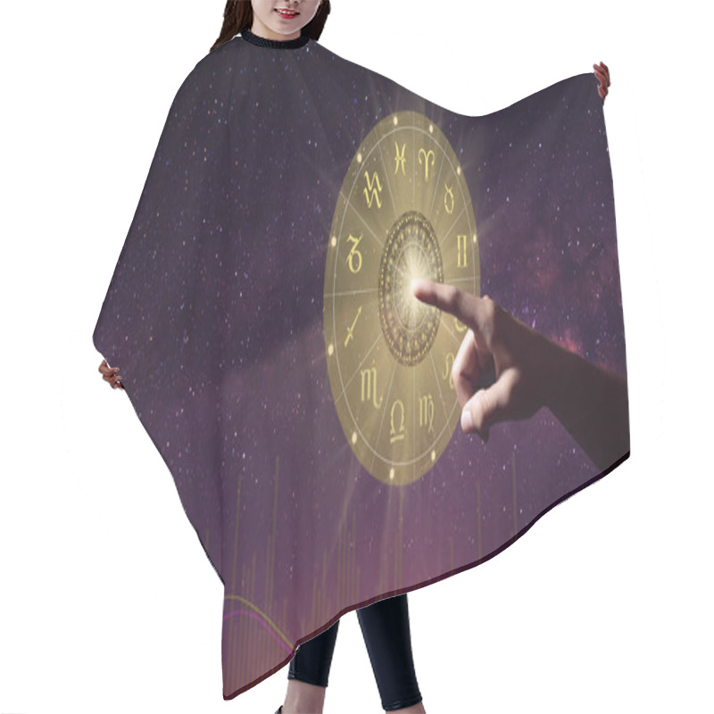 Personality  Human Predicts The Future. Zodiac Sign Wheel Of Fortune Hologram With Mandala Inside. The Milky Way And Life Graph Background. Copy Space. Hair Cutting Cape