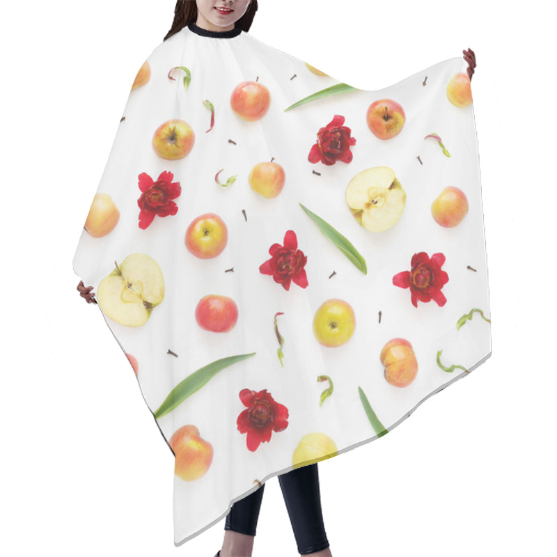 Personality  Food Composition With Apples, Flowers, Leaves And Clove Spices Isolated On White Background Hair Cutting Cape