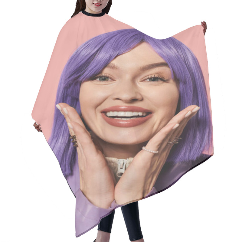 Personality  A Stunning Woman With Purple Hair Smiles, Radiating Joy And Style. Hair Cutting Cape