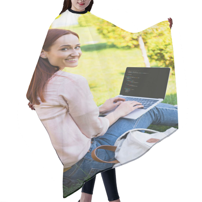 Personality  Smiling Attractive Woman Using Laptop With Html Code In Park And Looking At Camera Hair Cutting Cape