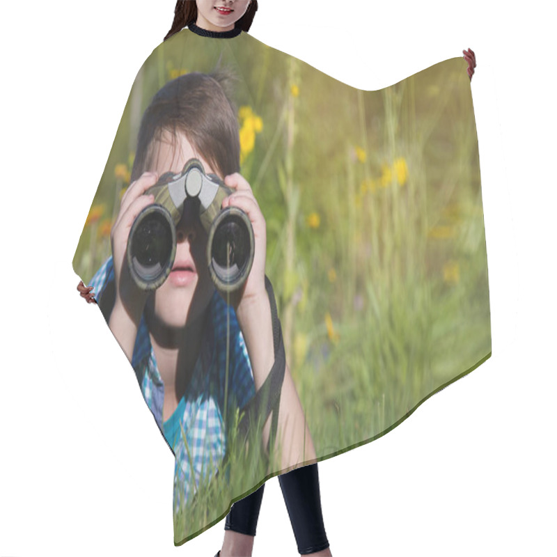 Personality  Boy Young Researcher Exploring With Binoculars Environment In Summer Garden Hair Cutting Cape