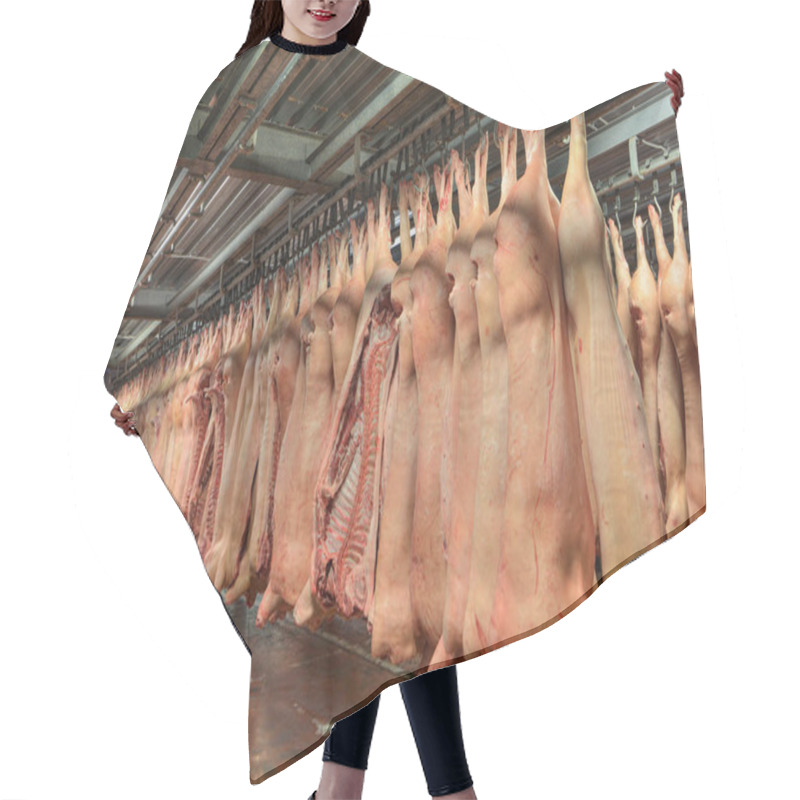 Personality  Carcasses Of Pork Hanging From Hooks In The Cold Store. Hair Cutting Cape