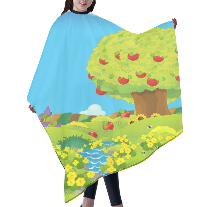 Personality  Cartoon Scene With Farm Fields Stream By The Day And Apple Trees - Illustration For Children Hair Cutting Cape