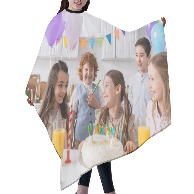 Personality  Group Of Happy Children Celebrating Birthday Next To Tasty Cake During Party At Home Hair Cutting Cape