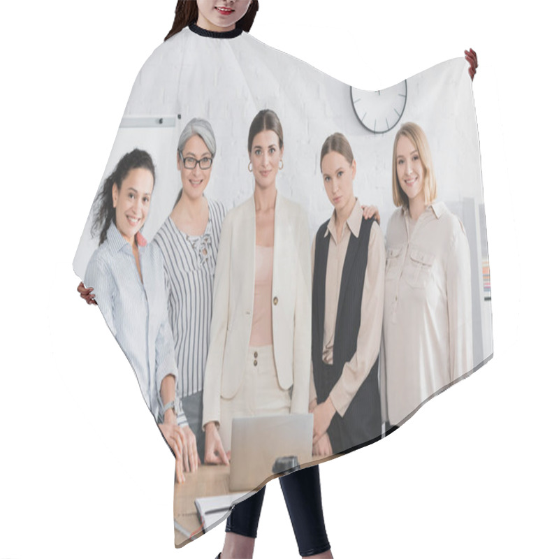 Personality  Happy Multicultural Businesswomen Near Workplace During Seminar  Hair Cutting Cape