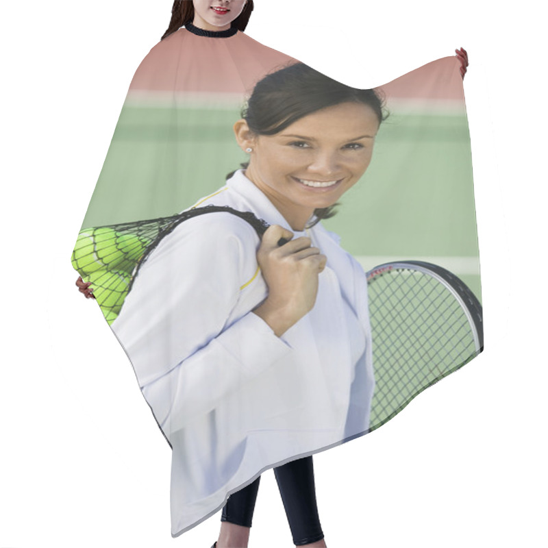 Personality  Woman With Tennis Balls And Racket Hair Cutting Cape