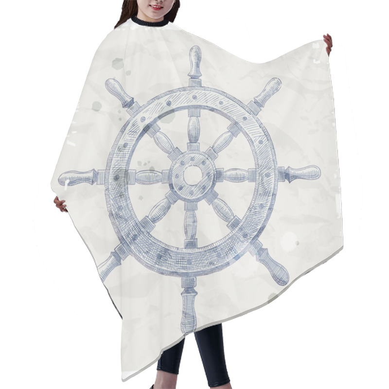 Personality  Hand Drawn Vector Illustration - Ship Steering Wheel Hair Cutting Cape