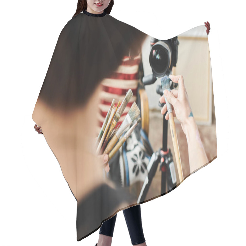 Personality  Woman Capturing Self With Camera In Natural Setting. Hair Cutting Cape